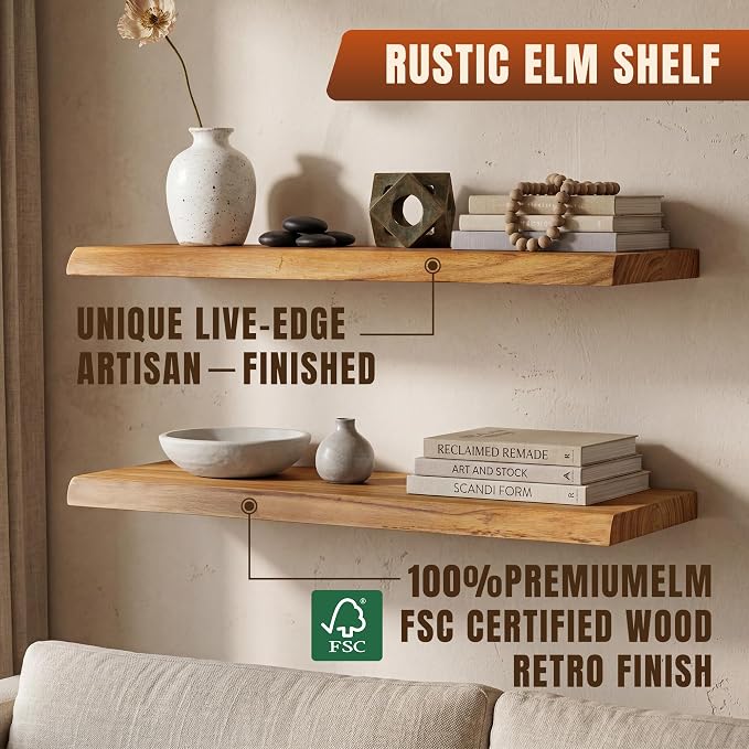 24" Live Edge Floating Shelves, 1.4" Extra Thick Solid Elm Wood Wall Shelf - Image 5