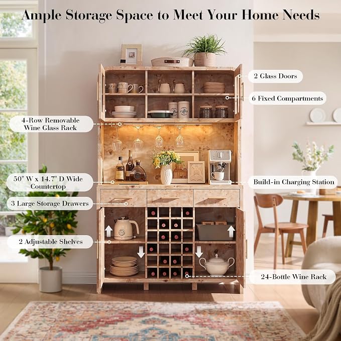 77" Tall Wine Bar Cabinet with Storage Hutch and 3 Drawers, Coffee Bar Cabinet - Image 5