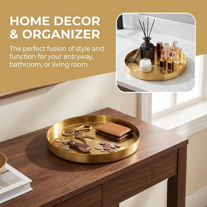 Jucoan 12 Inch Round Gold Tray, Decorative Dresser Vanity Tray Makeup Organizer - Image 7