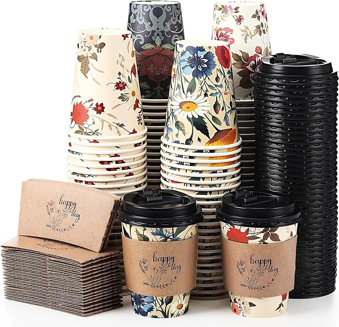 Remerry 100 Pcs 12oz Floral Disposable Coffee Cups by Remerry