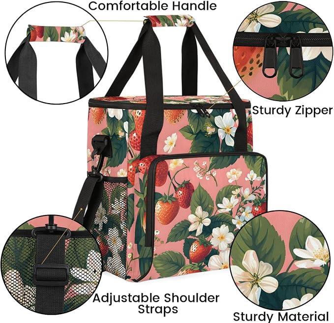 Strawberry Flower Coffee Maker Carring Bag, Large Insulated Storage Organizer - Image 6