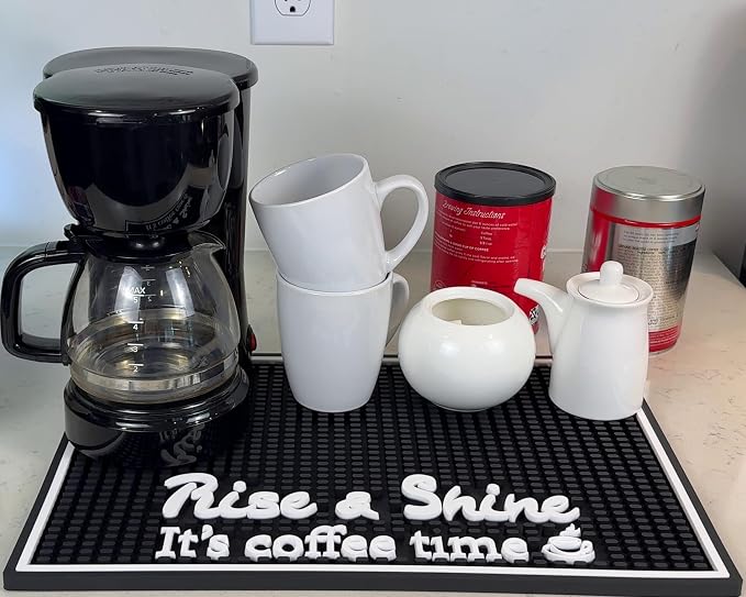 Rise and Shine It's Coffee Time Sign Silicone Bar Mat 18x12 in, Morning Person by CALUVAR
