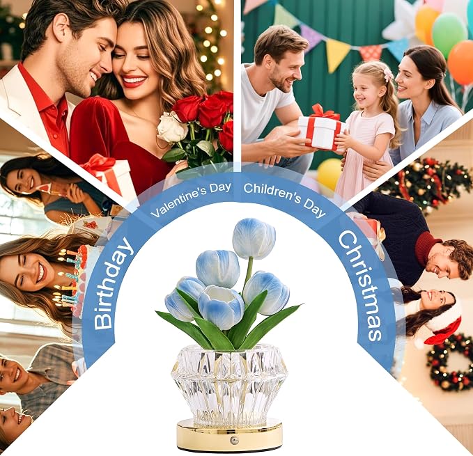 Blue Tulip Flower Lamp Diamond Vase, 3 Color Night Light Dimmable Touch Control - Image 7