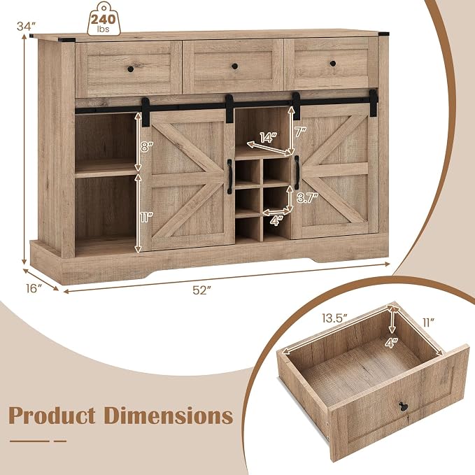 Giantex Wine Bar Cabinet with LED Lights, 3 Drawer, Adjustable Shelf, 12 Bottle - Image 3
