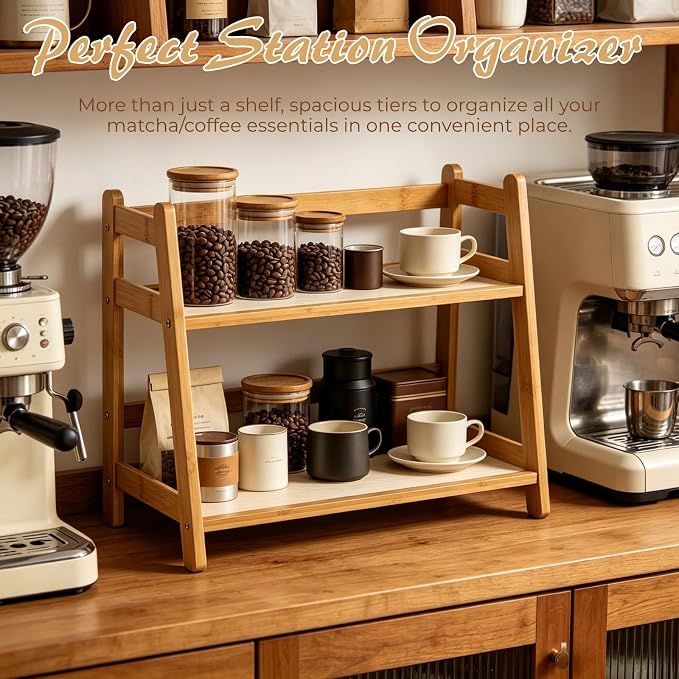 Atarvana 2-Tier Matcha Station Organizer, Bamboo Matcha Stand Shelf - Image 5
