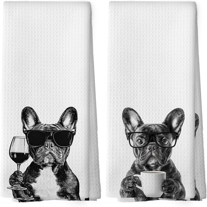 Funny French Bulldog Kitchen Towels Set of 2, Funny Dog Kitchen Accessories by Mcehtle