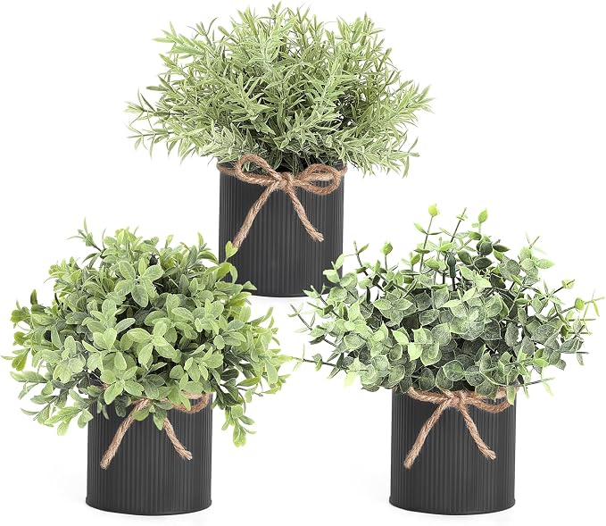 Mkono 3 Pack Small Fake Plants in Black Galvanized Metal Pots Artificial by Mkono
