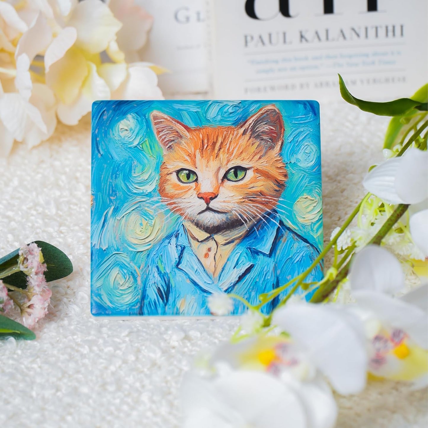Ceramic Coasters Set of 4 – Square Drink Coasters with Cork Backing, 3.9x3.9 Inches – Decorative Printed Designs for Home, Office, or Gift Use (Gallery Cats)