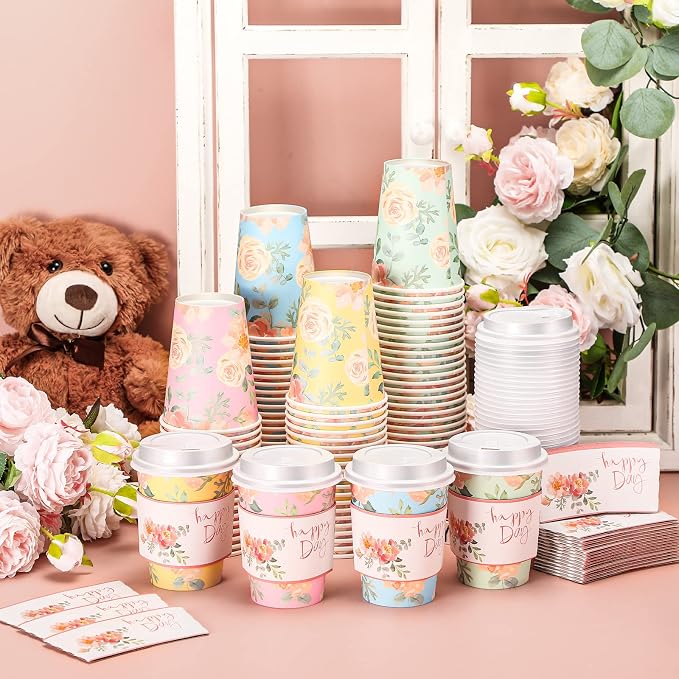 Remerry 100 Pcs 12oz Floral Disposable Coffee Cups - Image 4