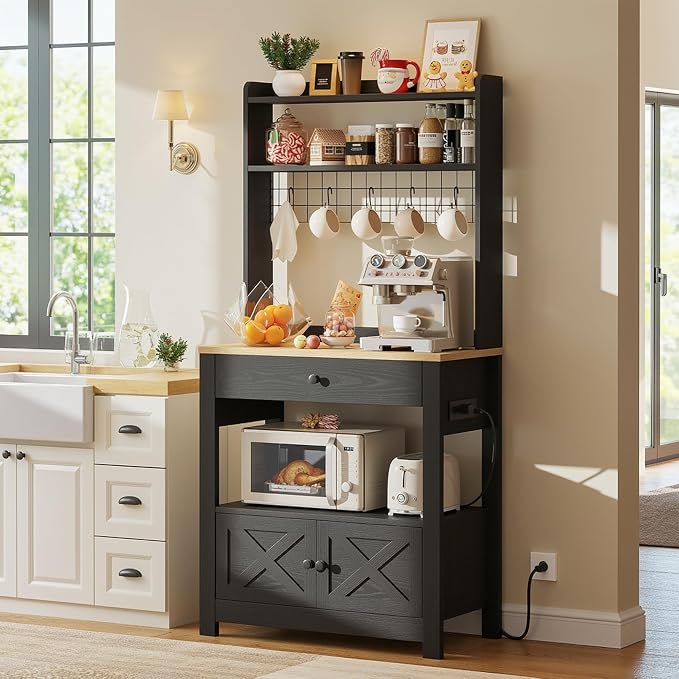 LIKIMIO Baker Rack with Spill-Safe Power Outlet & Drawer, Coffee Bar Cabinet - Image 9