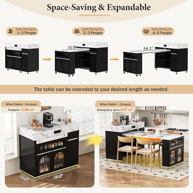 Rolling Kitchen Island with Extendable Dining Table & Power Outlet, 73.8’’ - Image 5