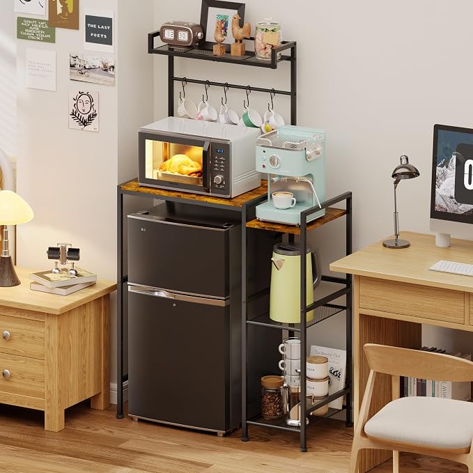 Mini Fridge Stand with Storage Shelves, Kitchen Bakers Rack, Coffee Bar by Yuyetuyo