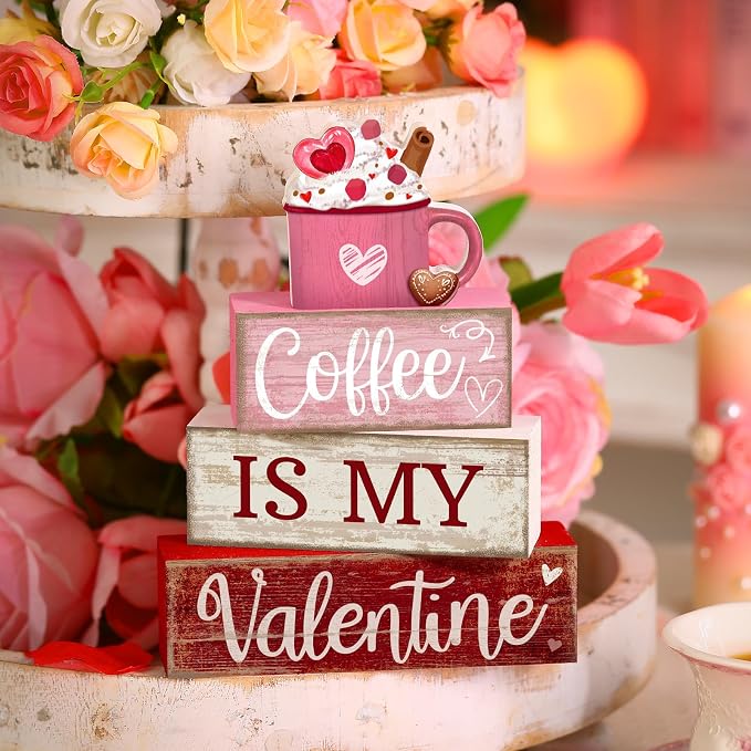 Lineshading 4 Pcs Valentine's Day Table Decor Wooden Cocoa Decoration - Image 2