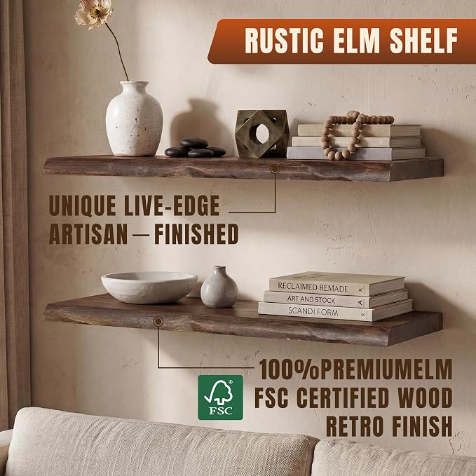 24" Live Edge Floating Shelves, 1.4" Extra Thick Solid Elm Wood Wall Shelf - Image 5