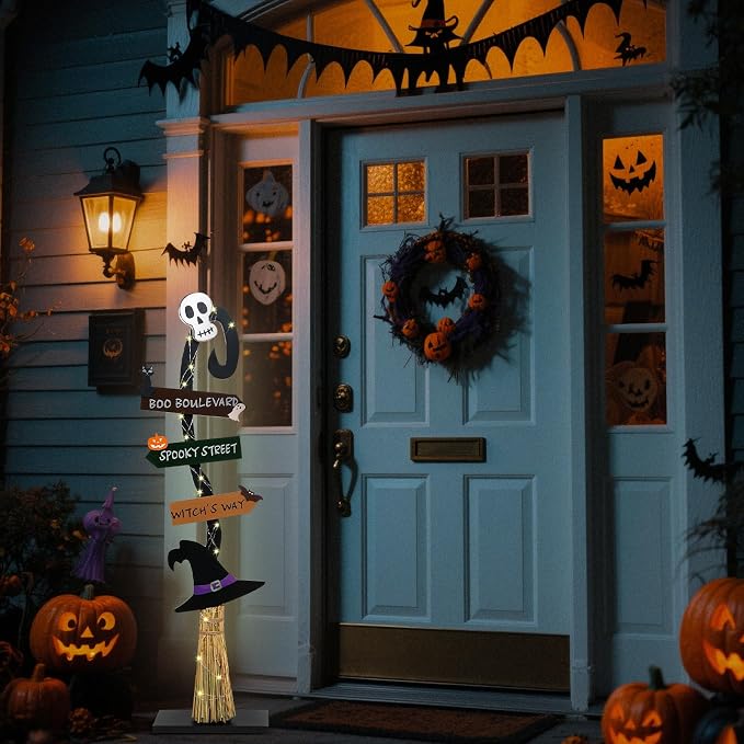 Halloween Decorations |Lighted Witch's Broom Halloween Wooden Porch Sign | - Image 5