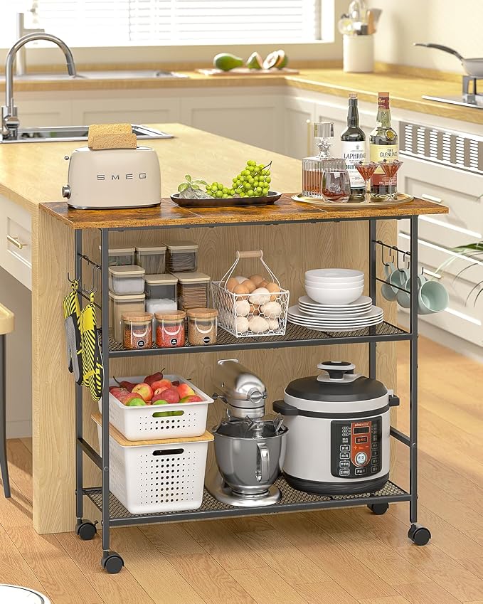 Kitchen Island with 3 Shelves, Rolling Kitchen Cart with 6 Hooks and Protective - Image 8