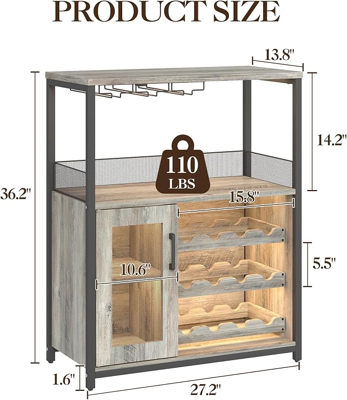 3-Tier Wine Bar Cabinet with LED Lights & Wine Rack, Wine Cabinet with Storage - Image 2