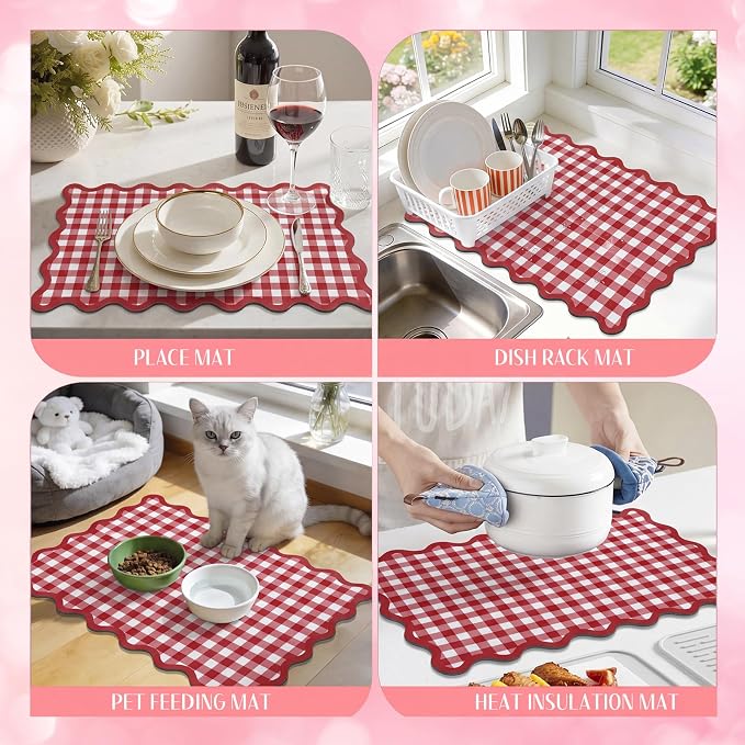 Scalloped Gingham Coffee Mat 12" x 20" Absorbent Coffee Bar Mat Brown Gingham - Image 6