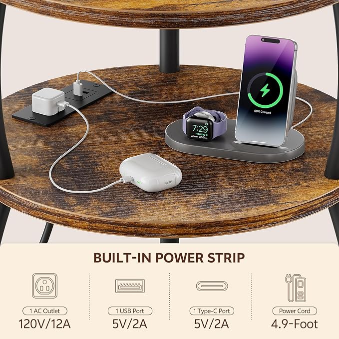 Round Side Table with Charging Station, USB Type C Port, 3 Tiers Sofa Couch - Image 5