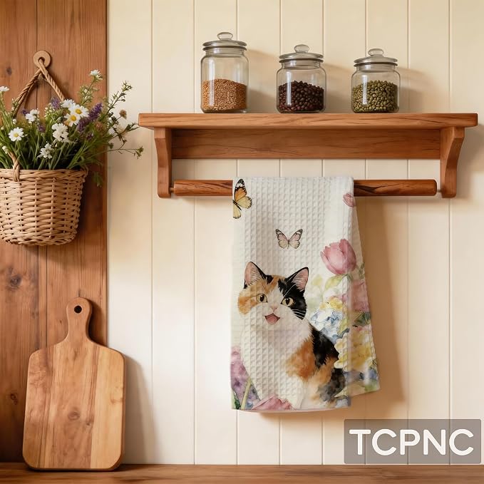 Cute Calico Cat Hand Towel, Hydrangea Cat Decorative Tea Towel - Image 6