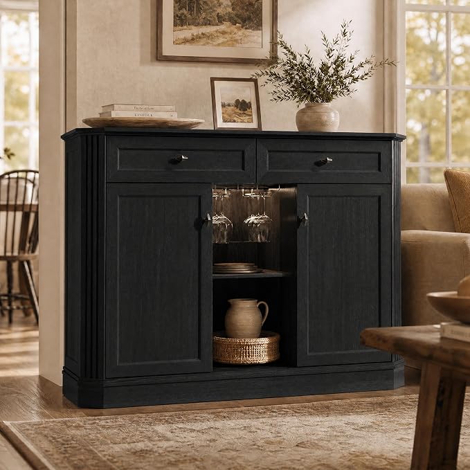 Black Coffee Bar with 2 Drawers & 2 Doors, LED Wine Bar Cabinet with Wine - Image 8