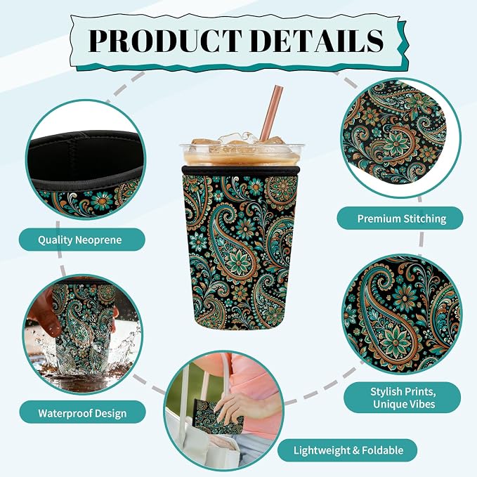 Paisley Floral Iced Coffee Cup Sleeve 3 Pack, Boho Reusable Neoprene Holder - Image 4
