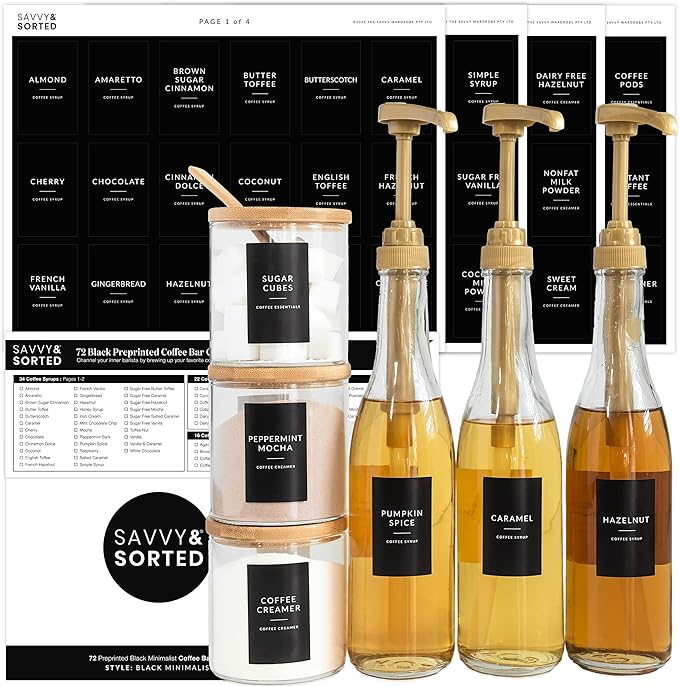 Black Coffee Bar Essentials Labels, 72 Preprinted Coffee Syrup Station by SAVVYSORTED%C2%AE