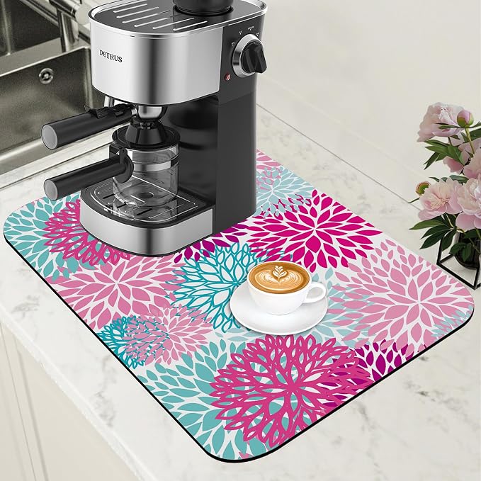 Pink Blue Chrysanthemum Flowers Dish Drying Mat by Unknown