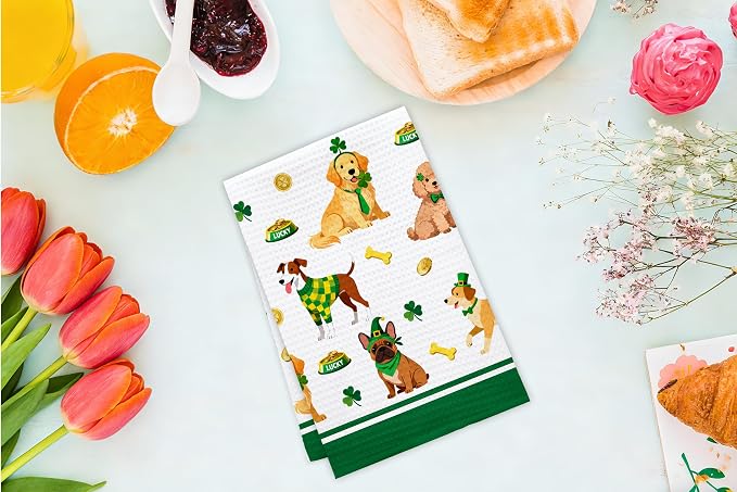 St Patrick Dog Kitchen Towels, Dog Shamrock Dish Towels, Lucky Clover Absorbent - Image 4