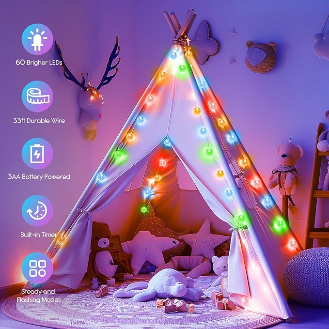 Minetom Crystal Globe String Lights Battery Operated - 33 ft 60 LED Globe Fairy - Image 2