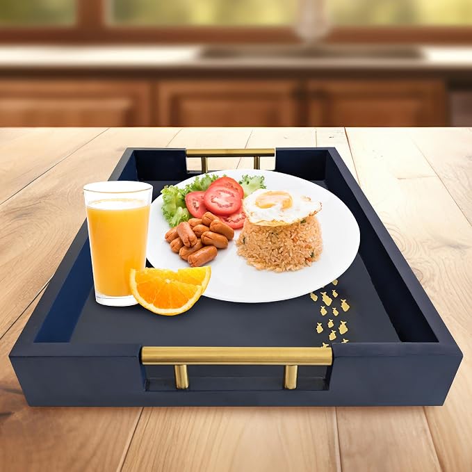 Navy Serving Tray with School of Golden Fish Design Gothic Ottoman Tray - Image 7