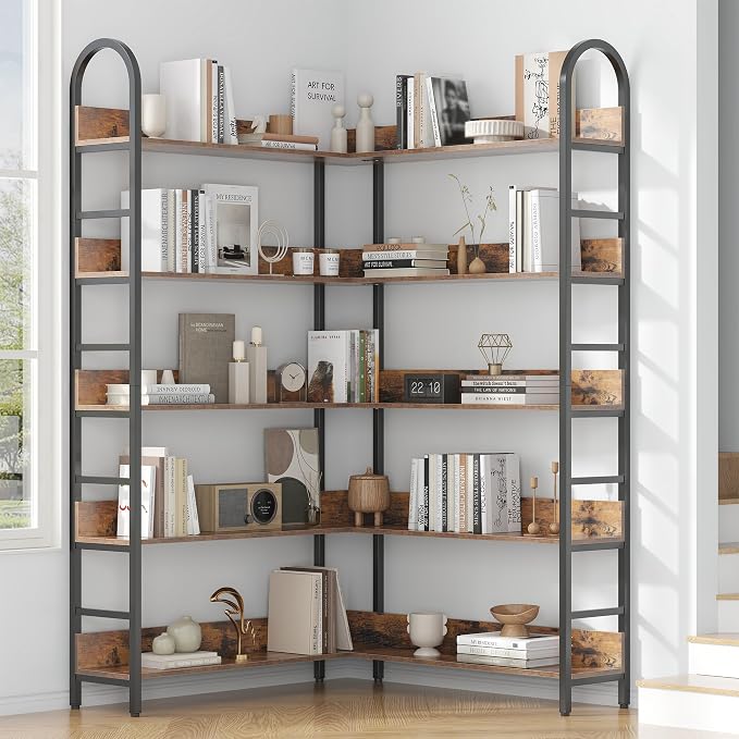 5 Tiers Tall Corner Bookshelf, Large Heavy Duty Industrial Corner Bookcase - Image 7