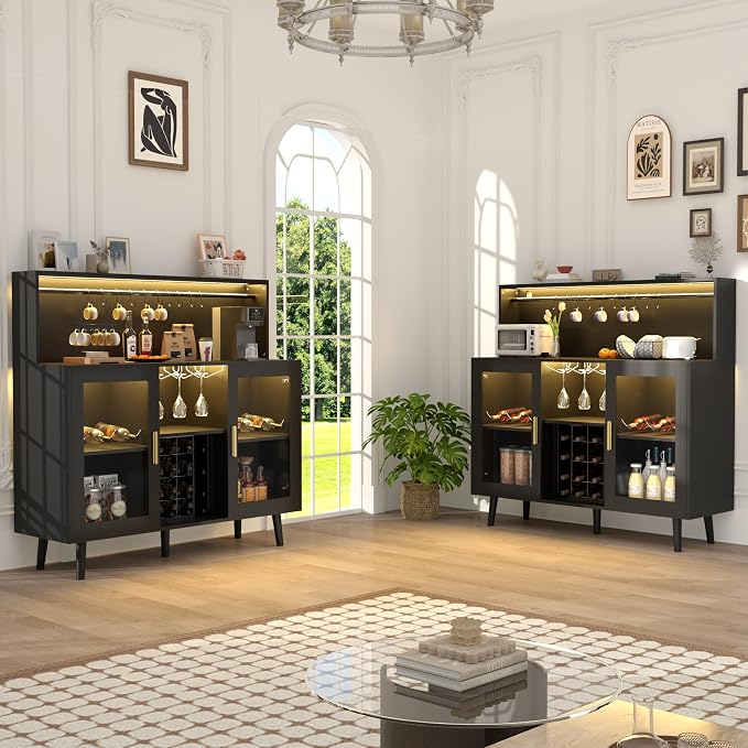 Wine Bar Cabinet with LED Light, Liquor Coffee Cabinet Bar w/Wine Rack & Glass - Image 9