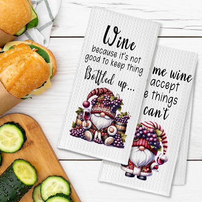 Gnomes Wine Kitchen Hand Towels Set of 2, Wine Dish Tea Towels - Image 3