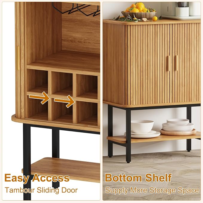 Wine Cabinet with Storage, Liquor Cabinet with Sliding Doors & Open Wine Rack - Image 4
