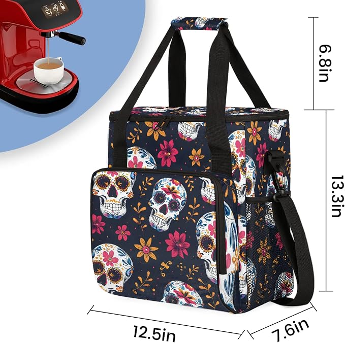 Sugar Skull Flowers Coffee Maker Carring Bag, Large Insulated Storage Organizer - Image 2