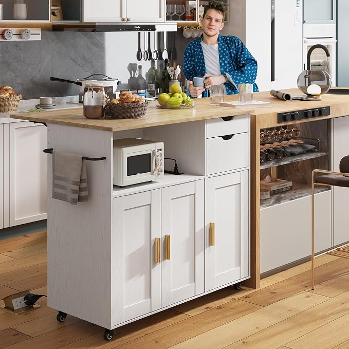 Kitchen Island Cart with Power Outlet, Rolling Kitchen Cart on Wheels with - Image 6