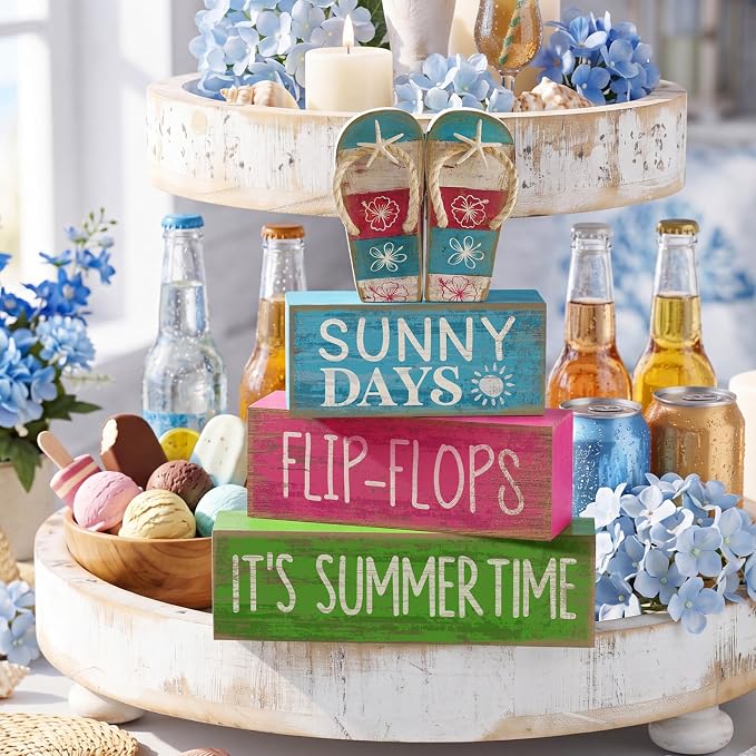 Lineshading 4 Pcs Summer Table Decorations Wooden Flip-flop Stacked Block Decor - Image 2