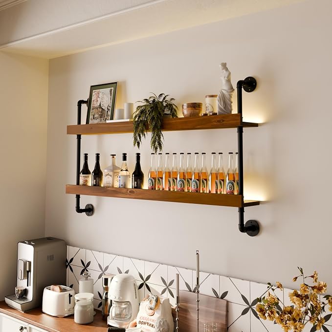 Wall Mounted Wine Rack with LED Light, LED Industrial Pipe Wine Shelf, 2-Tier - Image 9