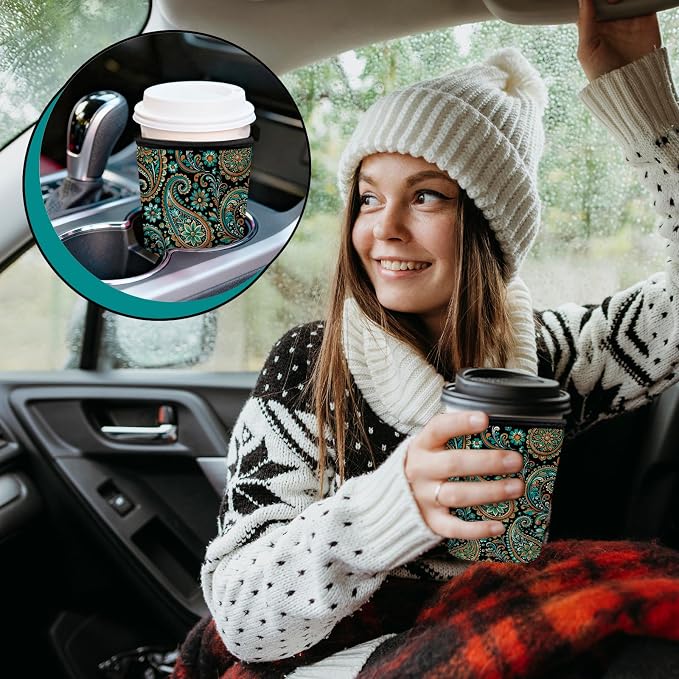 Paisley Floral Iced Coffee Cup Sleeve 3 Pack, Boho Reusable Neoprene Holder - Image 6