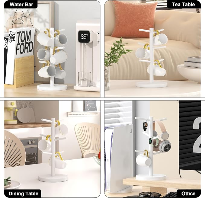 Wisuce White Coffee Mug Tree, Updated Thick Bamboo Mug Holder Base, Coffee Cup - Image 7