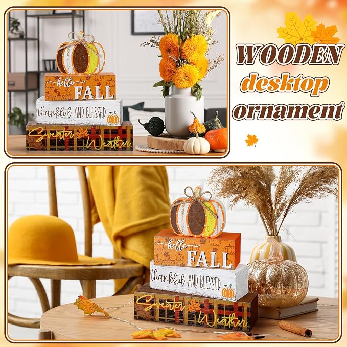 Geelin 4 Pcs Thanksgiving Decorations Fall Wooden Sign Pumpkin Tiered Tray - Image 6