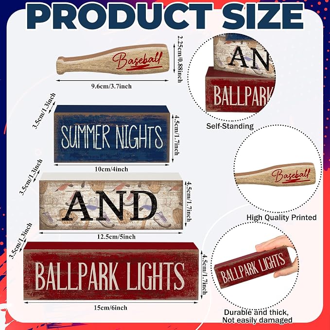 Lineshading 4 Pcs Baseball Decorations Stacked Wooden Blocks Signs - Image 4