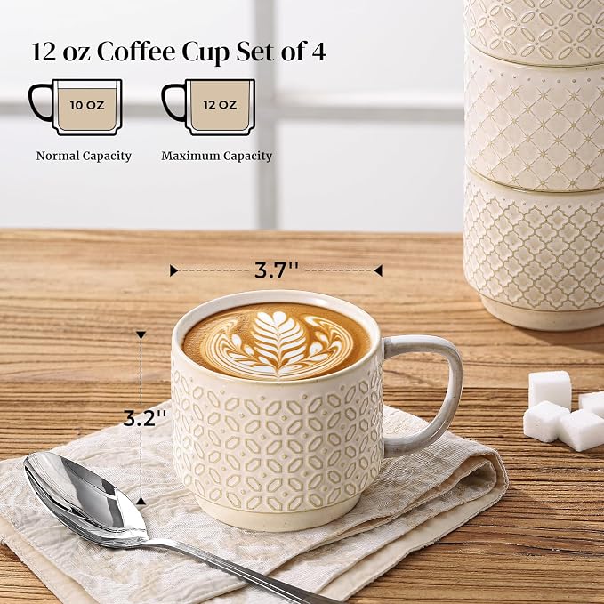 DOWAN 12oz Coffee Mugs Set of 4, Ceramic Coffee Mugs, Stackable Cappuccino Cups - Image 2