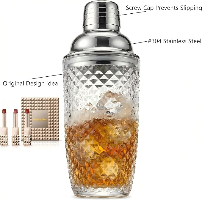 Diamond Cut Glass Cocktail Shaker 15oz | Leakproof, Stainless Lid, Upgrated - Image 7
