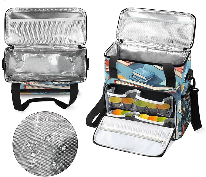 Books Pattern Coffee Maker Carring Bag, Large Insulated Storage Organizer Case - Image 3