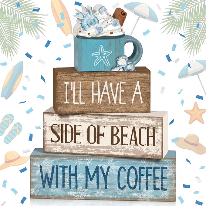 Lineshading 4 Pcs Summer Table Decorations Beach Coffee Bar Wooden Block Sign by Lineshading