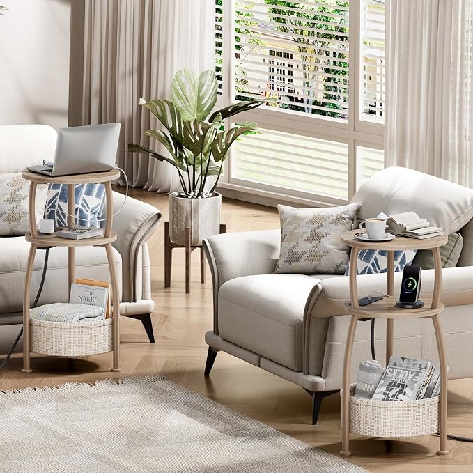 Side Table with Charging Station, Small Round End Table with Basket, USB and - Image 6