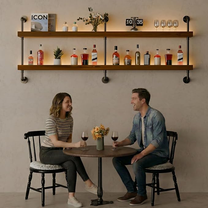 Wall Mounted Wine Rack with LED Light, LED Industrial Pipe Wine Shelf, 2-Tier - Image 6