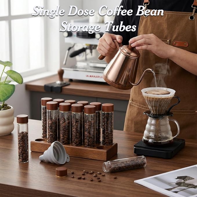 MAQUITA Coffee Bean Storage Set, Lids & Funnel, 2 oz Glass Vials - Image 4